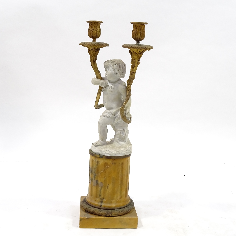 A 19th century bisque porcelain and ormolu-mounted twin-branch candelabrum on fluted yellow marble - Image 3 of 7