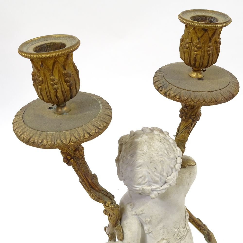 A 19th century bisque porcelain and ormolu-mounted twin-branch candelabrum on fluted yellow marble - Image 2 of 7