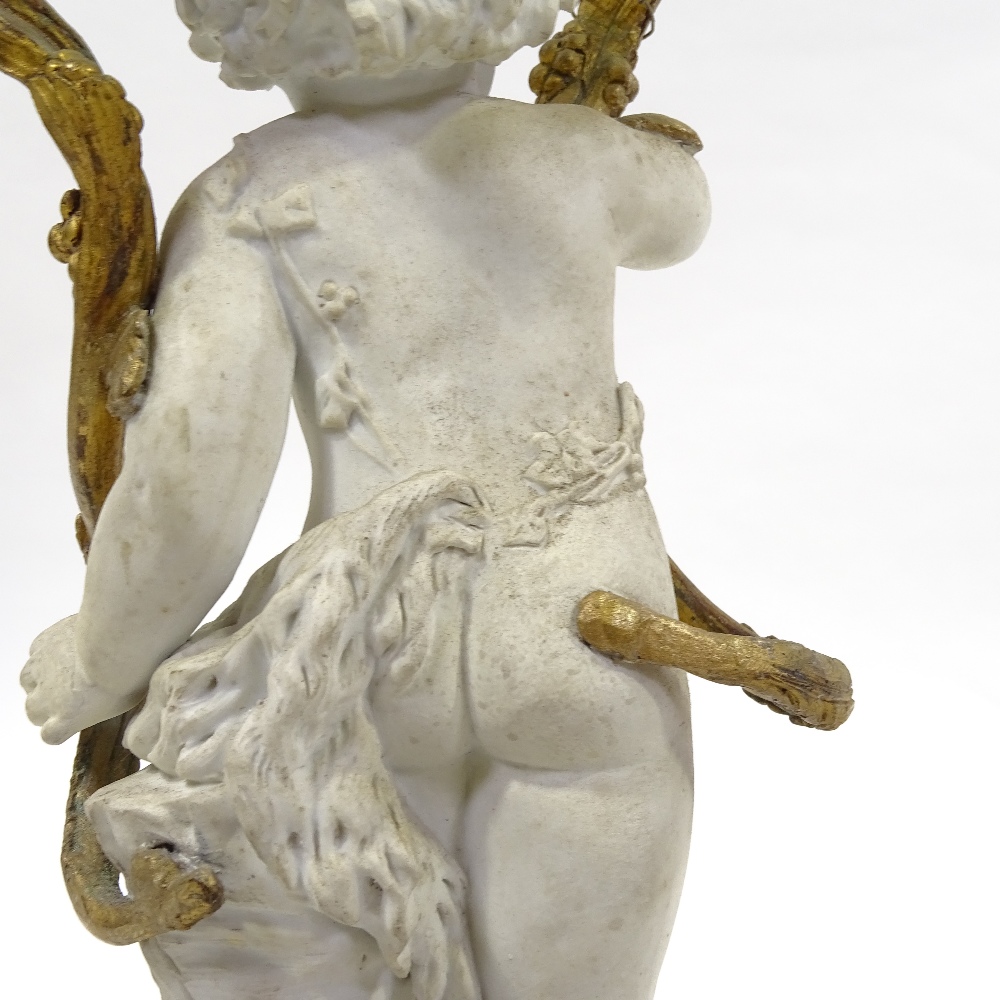 A 19th century bisque porcelain and ormolu-mounted twin-branch candelabrum on fluted yellow marble - Image 5 of 7