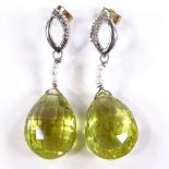 A pair of 9ct white gold green quartz pearl and diamond drop earrings, earring height 39.7mm, 7.4g