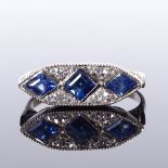 An Art Deco 18ct white gold sapphire and diamond cluster panel ring, set with lozenge-cut