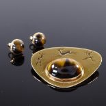 A South African 9ct gold Tiger's Eye demi parure, comprising brooch and pair of earrings, pierced