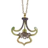 An Art Nouveau rose-cut diamond and enamel floral pendant necklace, on unmarked gold chain,