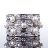 An 18ct white gold whole-pearl and diamond cluster half eternity band ring, total diamond content