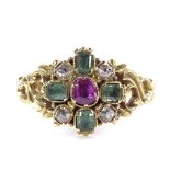 A Victorian 18ct gold ruby emerald and diamond ring, pierced scrollwork shoulders with memorial