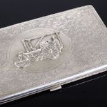 An unmarked silver rectangular cigarette case, relief embossed early steam roller cartouche, with