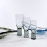 2 large Holmegaard free-form glass bowls, largest 32cm across, and 3 graduated Holmegaard glasses (