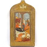 A small Russian painted and gilded wood icon, probably 19th century, with temple scene and