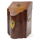 A George III mahogany knife box, feather-banded edges with brass handles and original fitted