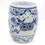 A Chinese blue and white porcelain barrel-shaped garden seat with hand painted decoration, height