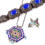 Various silver and enamel jewellery, including Chinese filigree bracelet, Indian pendant necklace