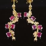 A pair of unmarked gold ruby grapevine drop earrings, stud fittings, earring height 40.3mm, 8.1g