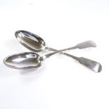 A pair of Victorian silver Fiddle pattern serving spoons, by Robert Williams, hallmarks Exeter 1844,