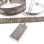 Various silver jewellery, including ingot pendant necklace, torque bangles etc All in good