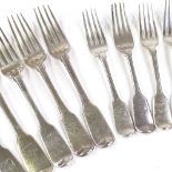 A group of silver Fiddle pattern cutlery, comprising 6 table forks and 6 dessert forks, ranging