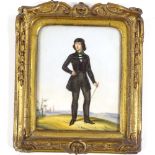 19th century oil on opaque glass panel, portrait of a gentleman in a Continental landscape,