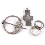 Various silver jewellery, including Celtic plaid brooch, Danish cross, and rings, 46.1g total (4)