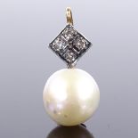 An unmarked gold whole-pearl and diamond cluster pendant, pendant height 22mm, 2.8g Very good
