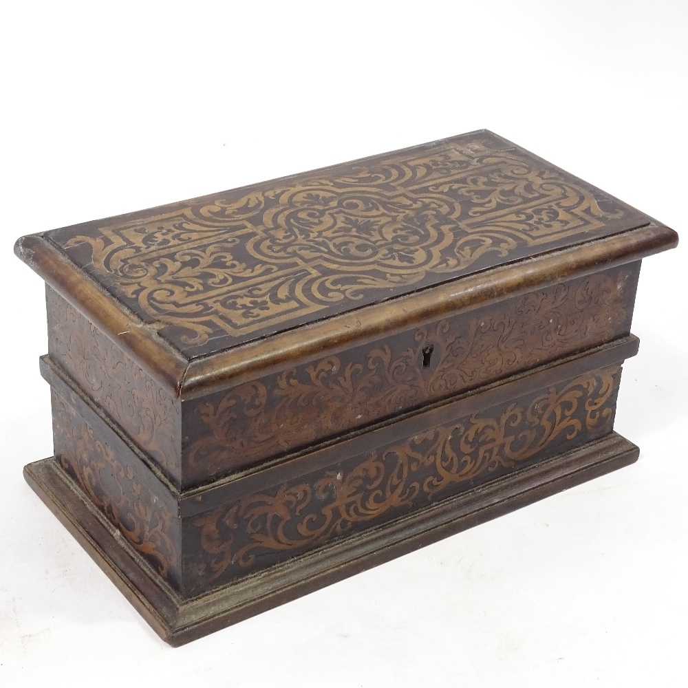 An 18th century walnut and marquetry inlaid box, with hinged lid and end drawer with turned ivory - Image 3 of 9