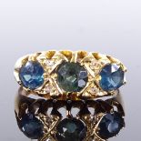 An 18ct gold 7-stone sapphire and diamond half-hoop ring, hallmarks London 1919, setting height 7.