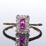 An Art Deco 18ct gold ruby and diamond cluster panel ring, platinum-topped settings, total diamond