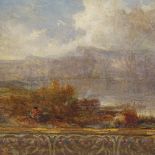 19th century oil on wood panel, misty landscape, unsigned, 9" x 13", framed Good condition with