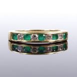 An 18ct gold 9-stone emerald and diamond half eternity ring, total diamond content approx 0.15ct,