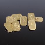 2 pairs of 9ct gold cufflinks, panel length 16.4mm, 12g total, (2) (1 pair broken) One pair is