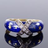 FABERGE - an 18ct gold diamond and royal blue enamel Victor Mayer ring, central diamond-set cross