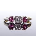 An Art Deco 18ct gold 3-stone ruby and diamond ring, total diamond content approx 0.1ct, by Parson'