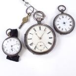 3 silver-cased open-face pocket watches, largest case width 55mm, none in working order (3) All in