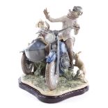 A large Lladro ceramic group, motorcycle and sidecar riders, 1982 - 1985, on wooden display base,
