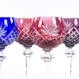 A harlequin set of 6 colour overlay glass wine glasses, height 21.5cm