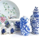 A group of Chinese porcelain items, including a peacock design enamel painted bowl, diameter 36cm,