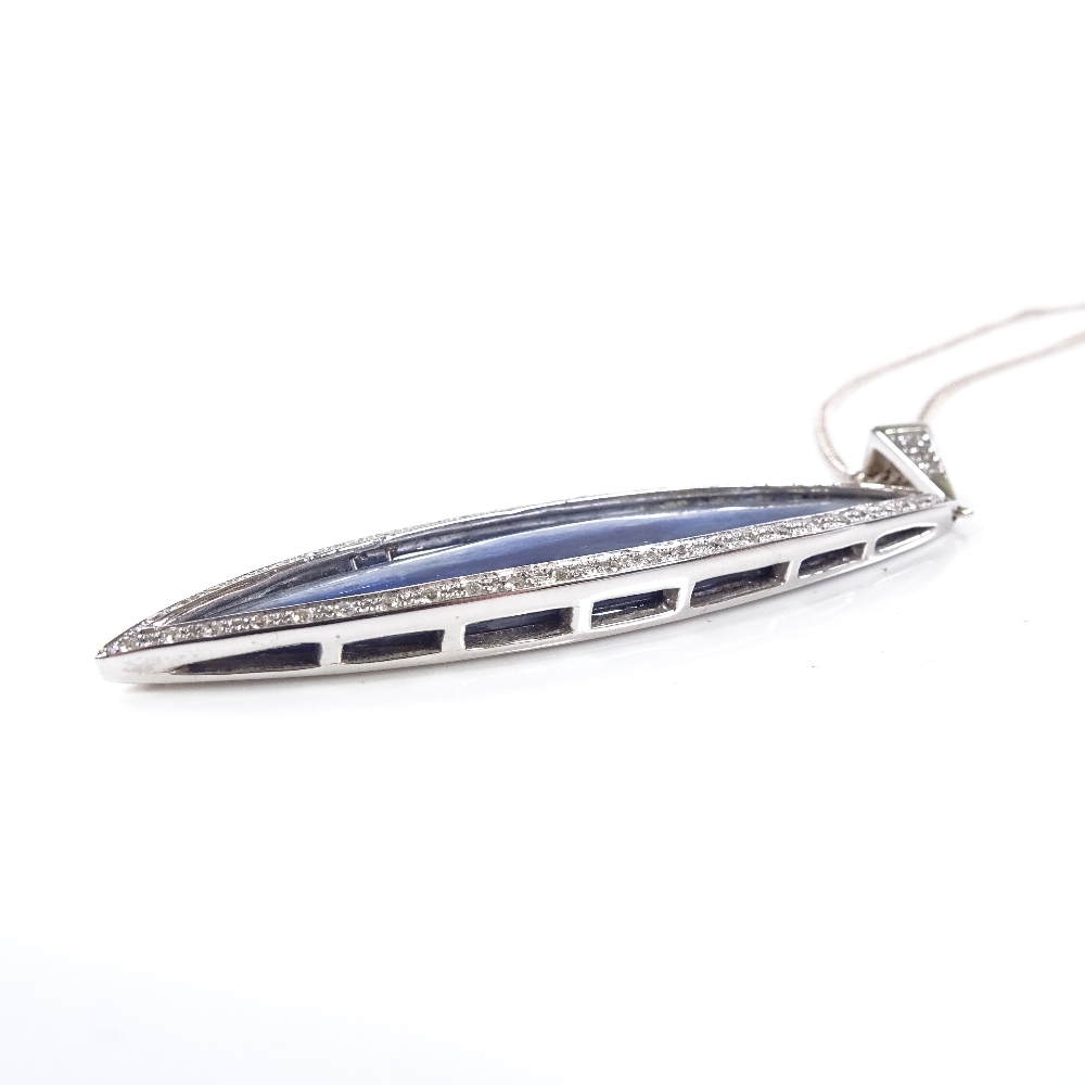 A modern 18ct white gold marquise-cut kyanite shard and diamond cluster pendant necklace, on - Image 4 of 4