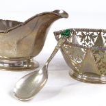 Various silver, including Mappin & Webb sauce boat, sterling caddy spoon and bon bon dish, boat