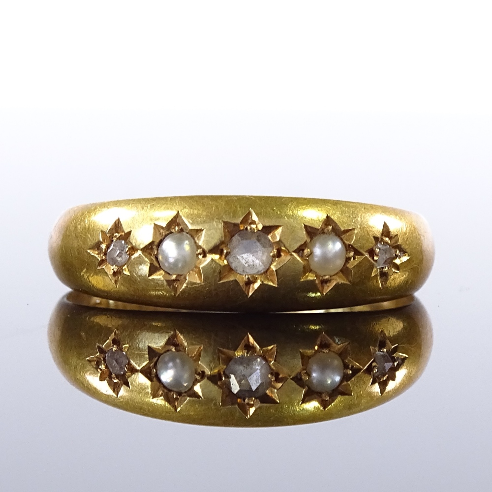 A Victorian 18ct gold 5-stone pearl and rose-cut diamond gypsy ring, maker's marks HLB, hallmarks