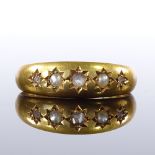 A Victorian 18ct gold 5-stone pearl and rose-cut diamond gypsy ring, maker's marks HLB, hallmarks