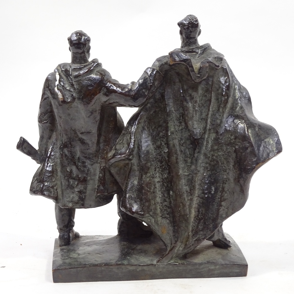 Mid-20th century Russian patinated bronze sculpture, 2 soldiers carrying machine guns with a young - Image 2 of 3