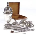 Various silver, including pedestal sugar caster, Mordan propelling pencil, cigarette box etc Lot