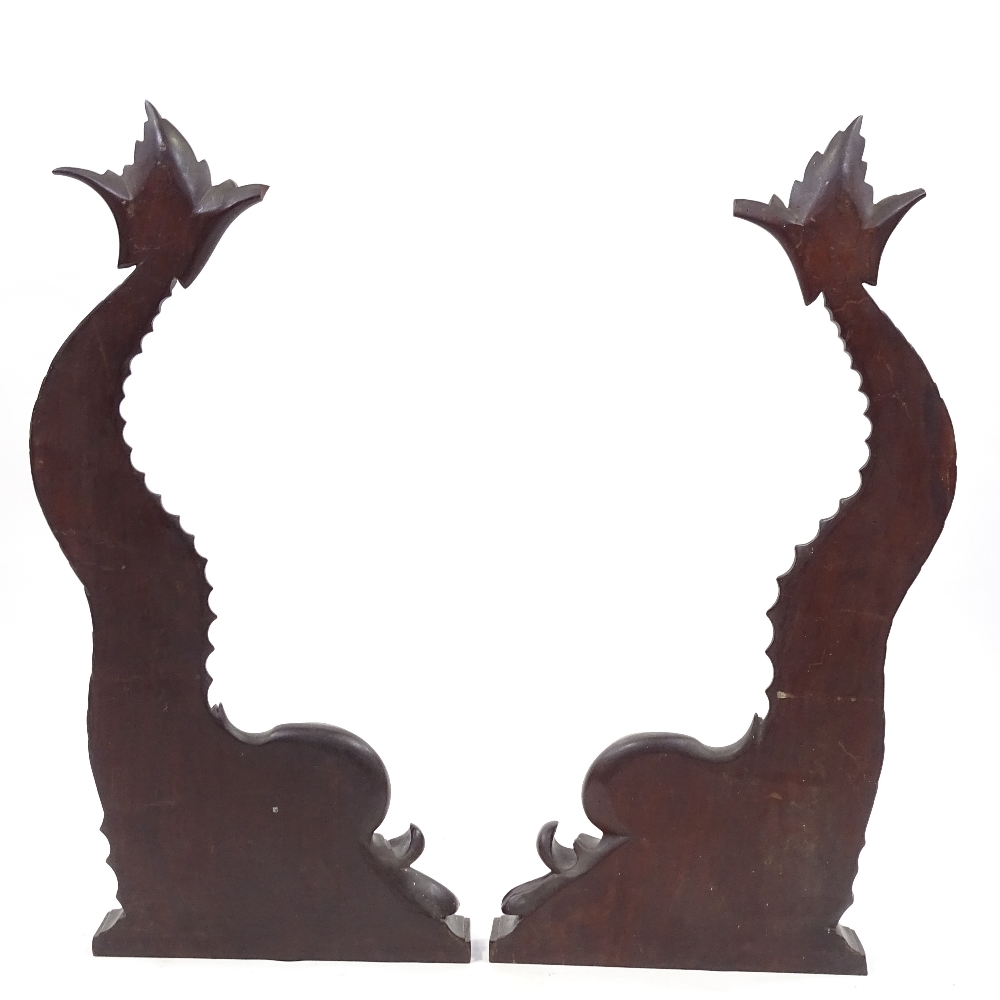 A pair of Victorian relief carved mahogany dolphin design brackets, height 67cm - Image 2 of 3