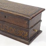 An 18th century walnut and marquetry inlaid box, with hinged lid and end drawer with turned ivory