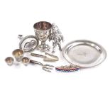 Various miniature silver items, including garden gnome and gardening tools, letter seal, chalice,