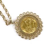 A 1914 gold half sovereign, gold pendant mount on 9ct gold chain, gross weight 17.1g