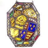A 19th century stained glass leadlight panel with heraldic lion design, 46cm x 34cm