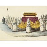 19th century Italian School, watercolour, funeral procession, 5.5" x 10", mounted Slight paper