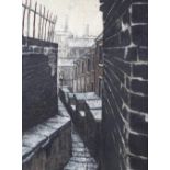 Stuart Walton, oil on board, back street Bradford, signed with original label verso, 30" x 19",