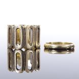 A 9ct gold modernist abstract ring, maker's marks JP, band width 13.5mm, size approx M, 5.9g, and
