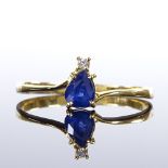 A 14ct gold pear-cut sapphire and diamond dress ring, setting height 6.8mm, size O, 0.9g Very good