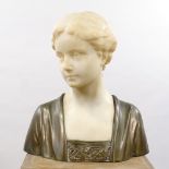 Souteur, carved white marble and bronze bust of a woman, circa 1900, signed on reverse, height 35cm